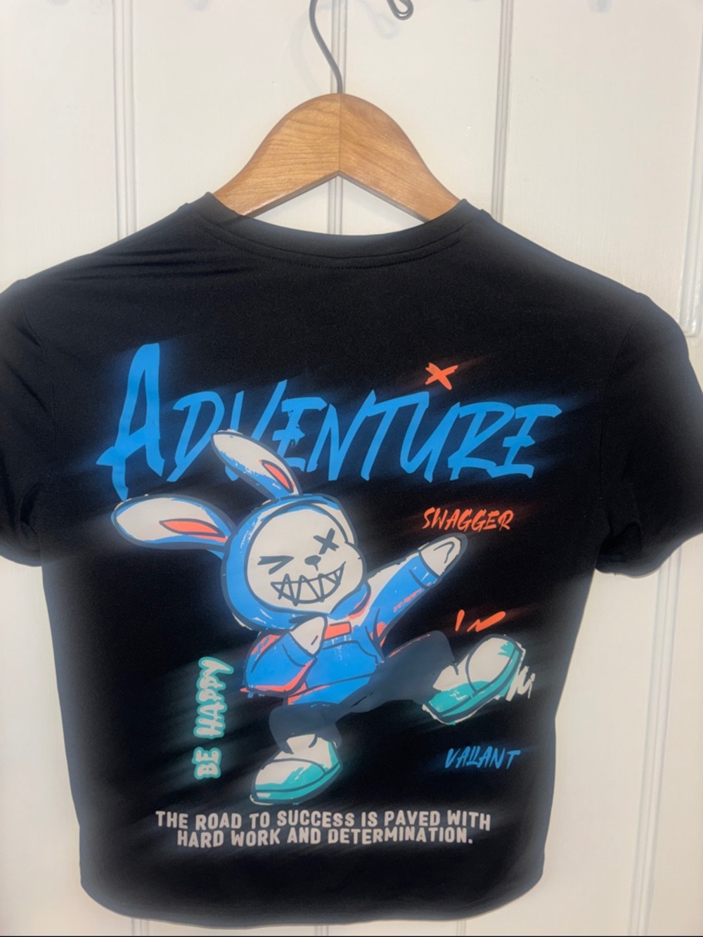 SHEIN Black Graphic Adventure Bunny Tee with Blue & Teal Accents
